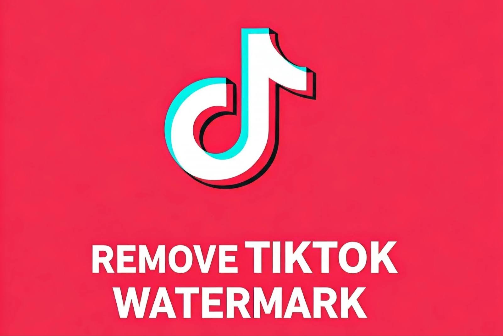 Red background with the TikTok logo in the center and bold white text below that says “Remove TikTok Watermark.”