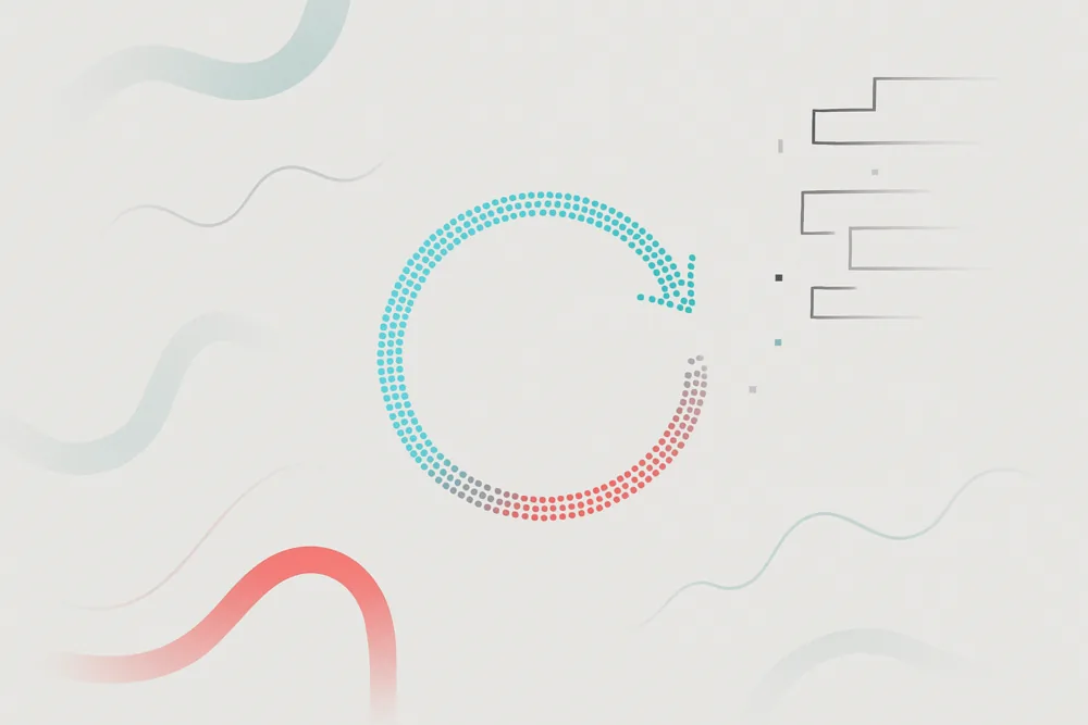 A soft, abstract illustration of a circular refresh arrow made of cyan and red dots, symbolizing a TikTok algorithm reset, with subtle flowing lines and pixel elements on a light background.