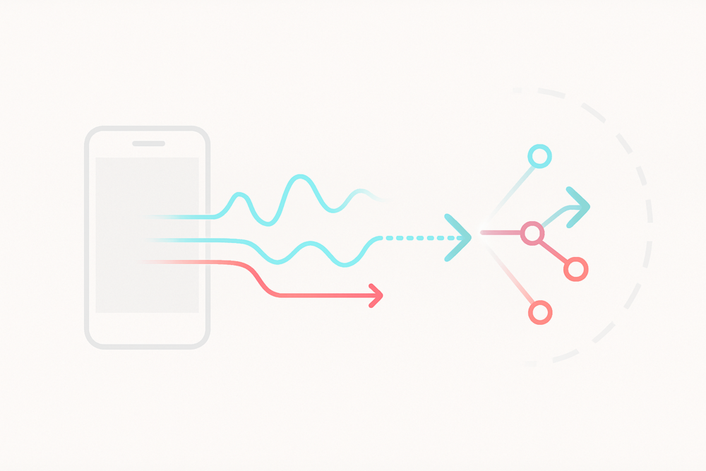 A minimal illustration showing a smartphone with cyan and red data waves flowing into branching arrows and nodes, symbolizing how TikTok tracks user interactions to shape the algorithm.