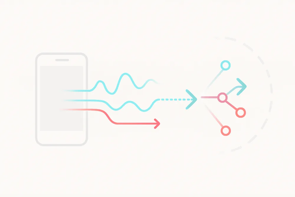 A minimal illustration showing a smartphone with cyan and red data waves flowing into branching arrows and nodes, symbolizing how TikTok tracks user interactions to shape the algorithm.