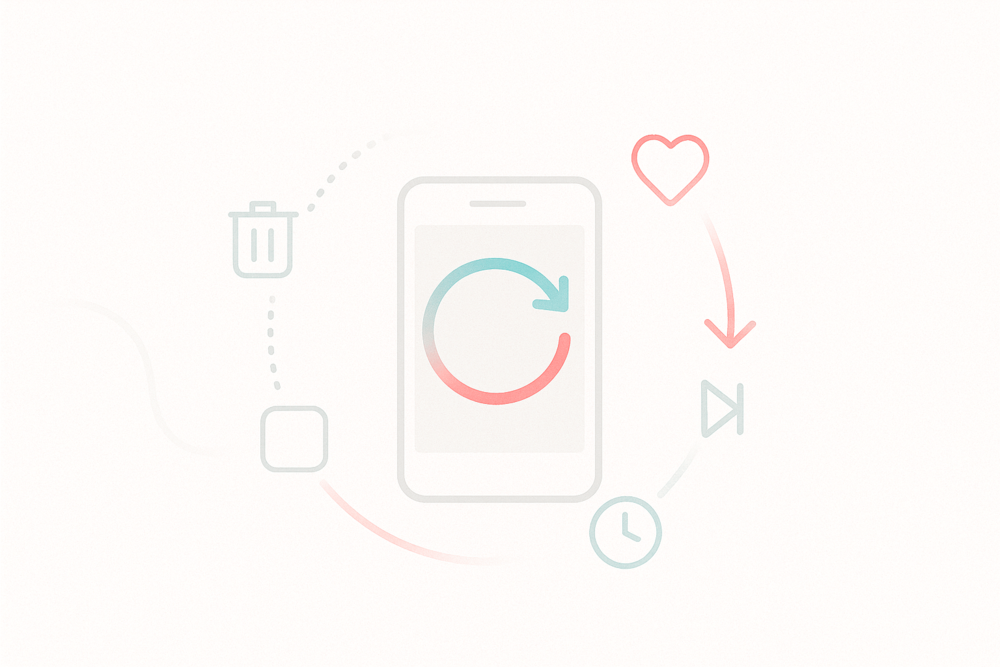 A light, minimalist illustration of a smartphone with a refresh icon, surrounded by action symbols like a trash can, heart, skip arrow, and clock, representing ways to reset and guide your TikTok algorithm.
