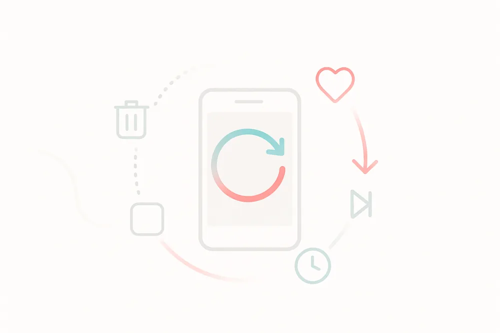 A light, minimalist illustration of a smartphone with a refresh icon, surrounded by action symbols like a trash can, heart, skip arrow, and clock, representing ways to reset and guide your TikTok algorithm.