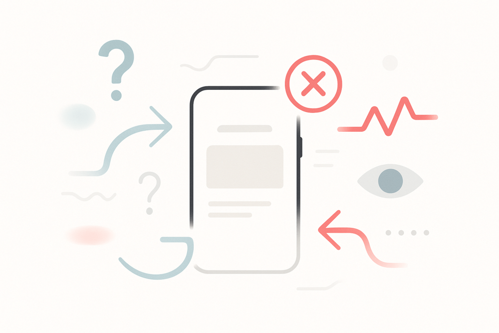 A minimalist image of a smartphone surrounded by abstract icons like arrows, question marks, an eye, and an X symbol, representing user behaviors that disrupt the TikTok algorithmās accuracy.