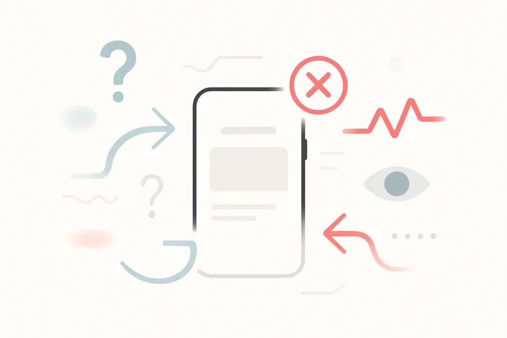 A minimalist image of a smartphone surrounded by abstract icons like arrows, question marks, an eye, and an X symbol, representing user behaviors that disrupt the TikTok algorithm’s accuracy.