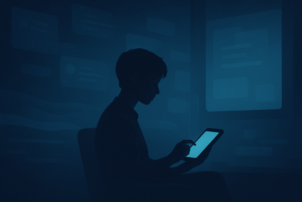 A person sits in a dark room lit by a glowing tablet, surrounded by soft, abstract tweet shapes, creating a quiet, private atmosphere.
