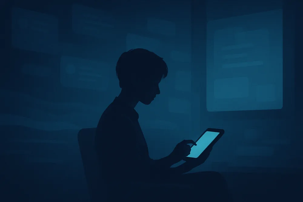 A person sits in a dark room lit by a glowing tablet, surrounded by soft, abstract tweet shapes, creating a quiet, private atmosphere.