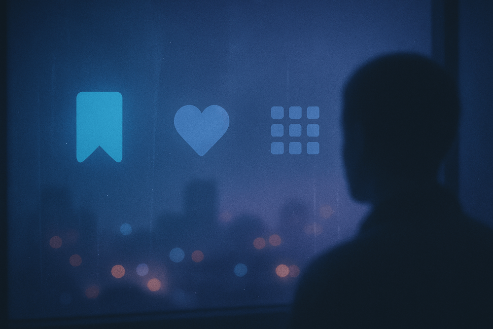 A person looks out a window at night as soft icons of a bookmark, heart, and grid reflect on the glass, representing different ways to interact with tweets.