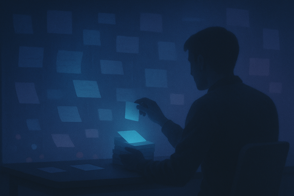 A person sits at a desk at night, stacking glowing notes while many others float around them.