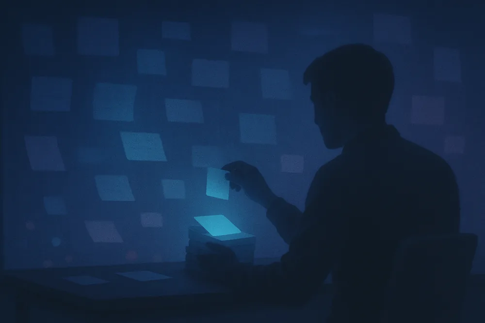 A person sits at a desk at night, stacking glowing notes while many others float around them.