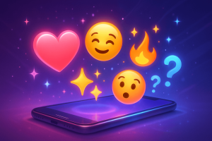 A glowing smartphone with colorful TikTok-style emojis floating above it, including a heart, smiley face, fire, stars, and question marks.