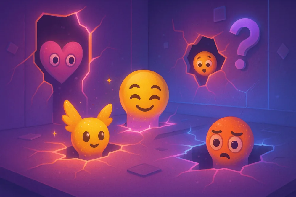  Emoji-like characters emerging from glowing cracks in a surreal purple room, including a heart, smiley face, winged figure, surprised face, and question mark.