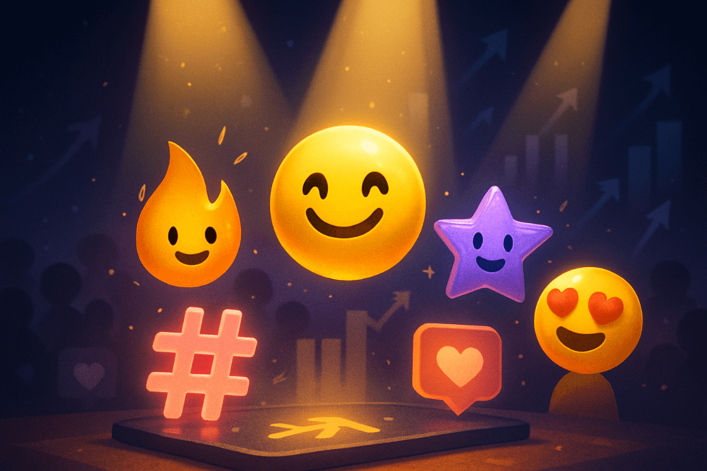 Emojis on a digital stage with a hashtag, heart icon, and spotlight effects.