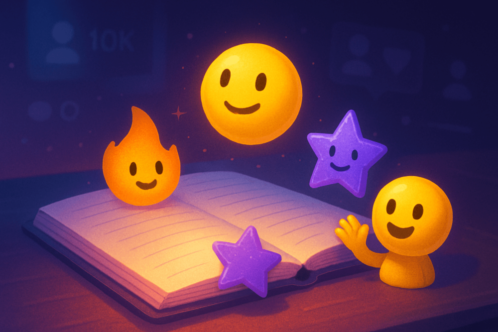 Emoji characters floating around an open notebook on a desk, with a soft digital glow.
