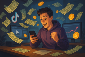 Excited young man in a purple hoodie looking at his phone as money floats around him, with TikTok logos and analytics screens in the background.