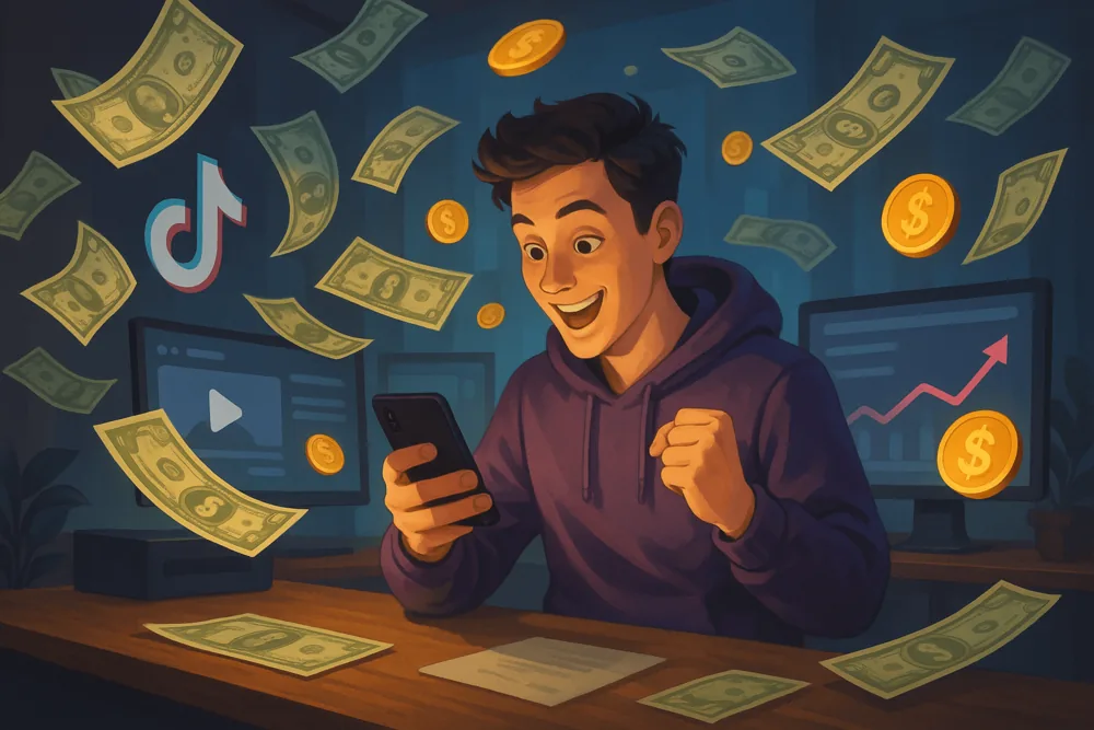 Excited young man in a purple hoodie looking at his phone as money floats around him, with TikTok logos and analytics screens in the background.