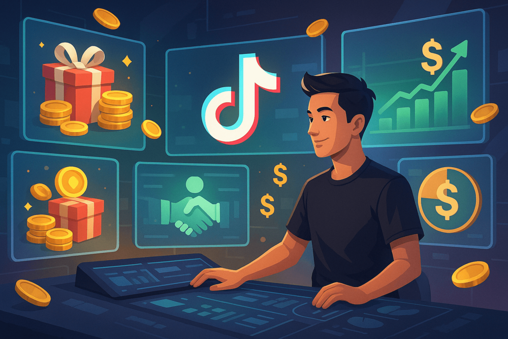  Young man at a futuristic desk reviewing TikTok monetization options on floating screens showing gifts, graphs, coins, and brand deals.