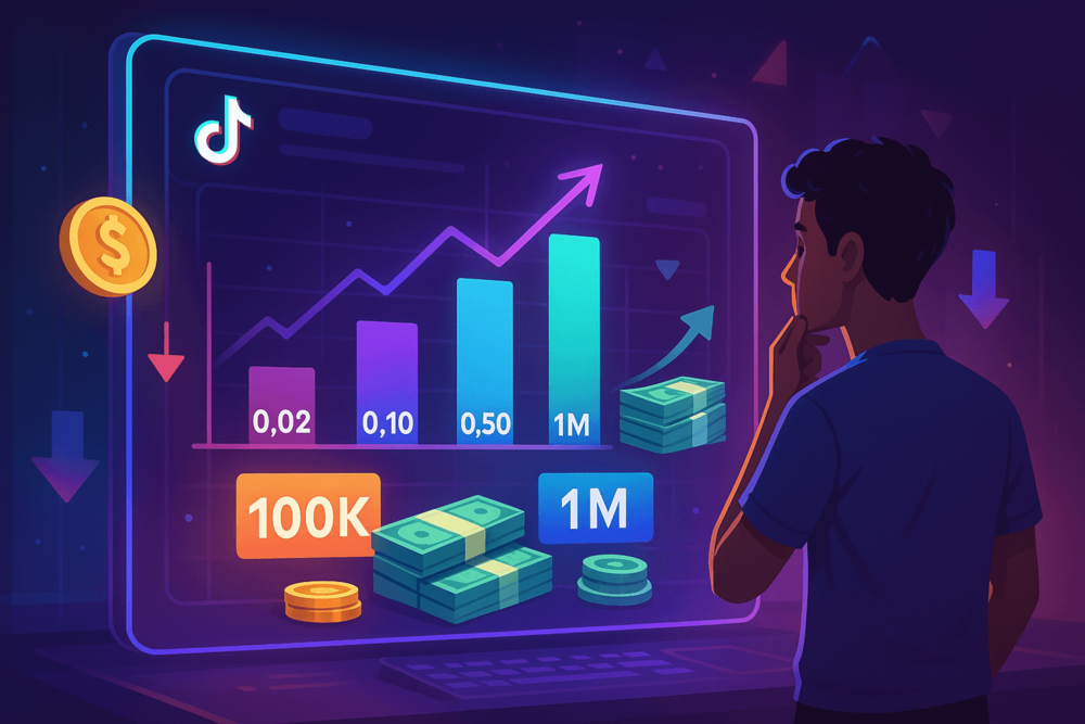  Man analyzing a glowing TikTok dashboard with bar graphs, earnings per view rates, and milestone markers for 100K and 1M views, surrounded by digital money symbols.