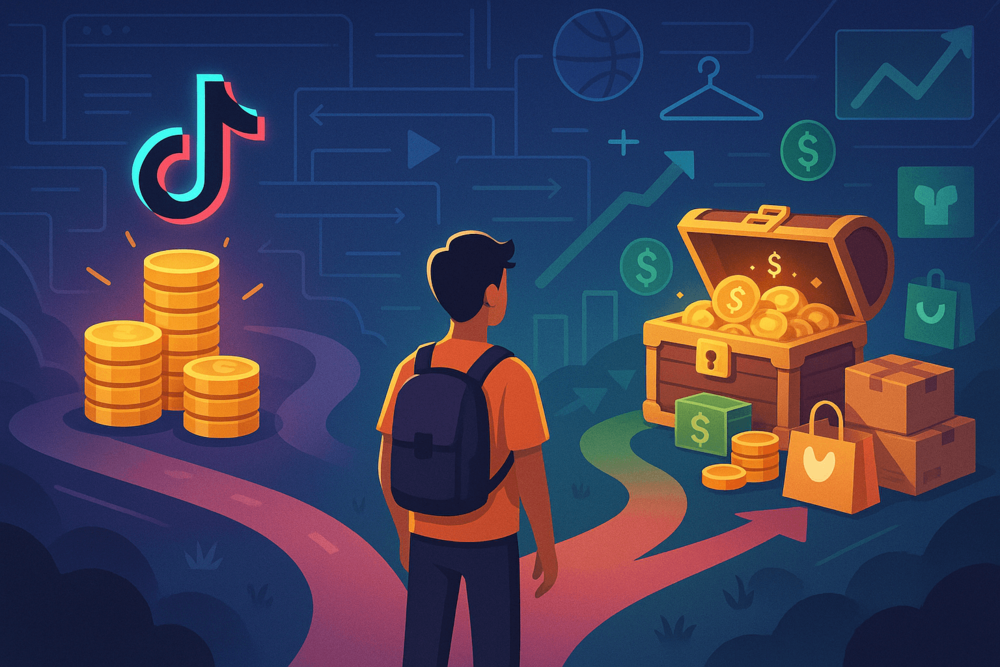  Person with a backpack standing at a forked path, choosing between a stack of TikTok coins and a treasure chest filled with money, symbolizing in-app earnings vs external income streams.