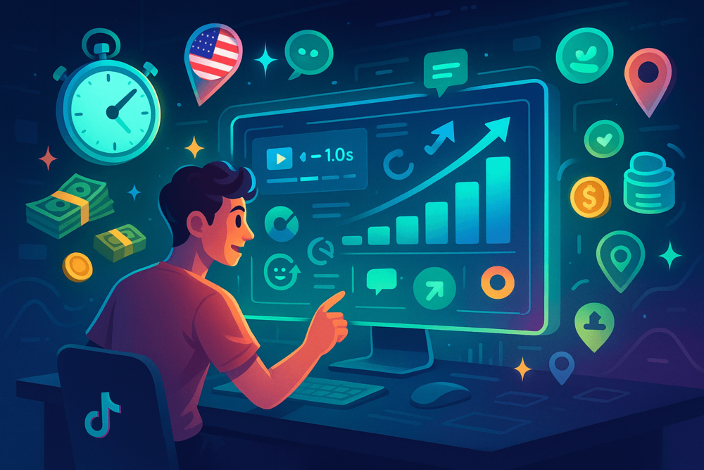  Young TikTok creator analyzing performance data on a large screen, surrounded by icons representing video length, engagement, earnings, location targeting, and growth metrics.