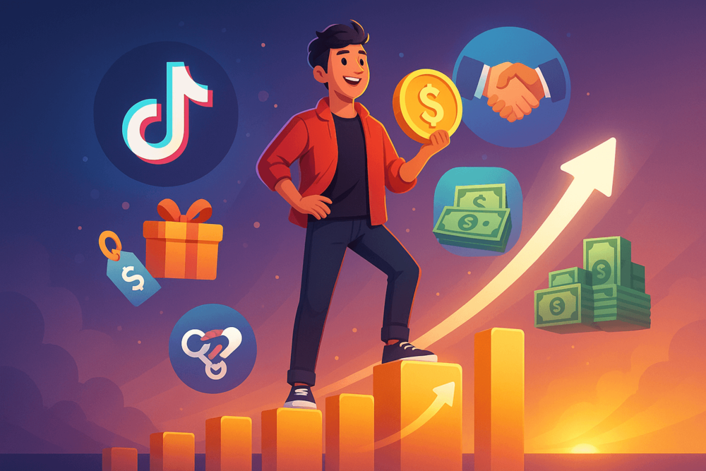  Confident TikTok creator standing on rising bar charts holding a gold coin, surrounded by icons for brand deals, affiliate links, gifts, and money, with a glowing growth arrow in the background.