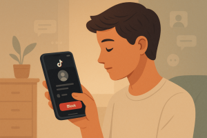 Person looking at a TikTok profile on their phone with the option to block the user visible on the screen.