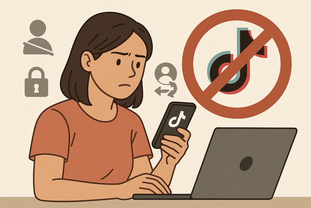 Woman looking frustrated while holding a phone with the TikTok app open, sitting at a laptop with blocked and privacy icons around her.