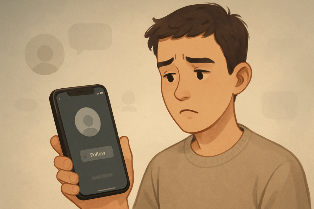 Sad-looking person holding a phone showing a generic social media profile with a "Follow" button on the screen.