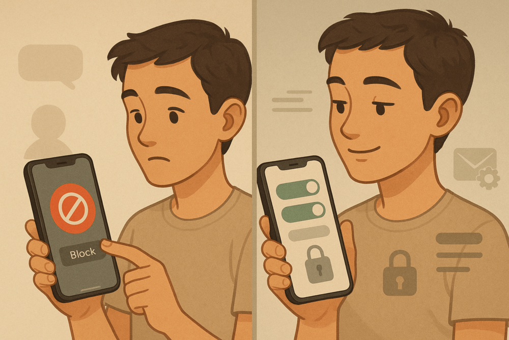 Split image of a person blocking someone on their phone in one panel, and feeling more at ease while managing privacy settings in the other.