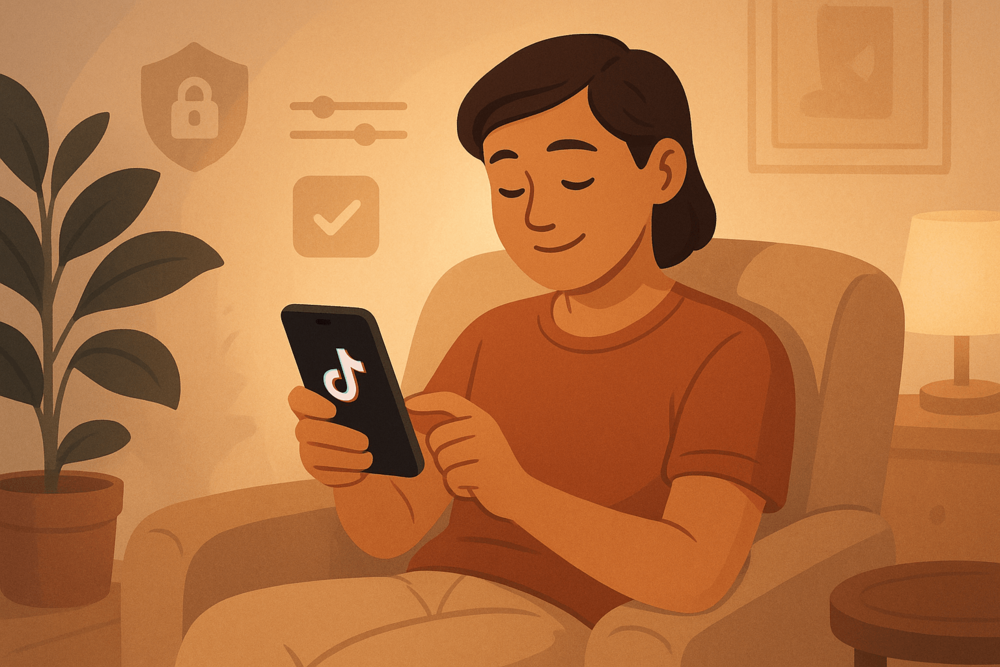 Person sitting comfortably in a cozy room while using the TikTok app, surrounded by icons representing privacy and safety settings.