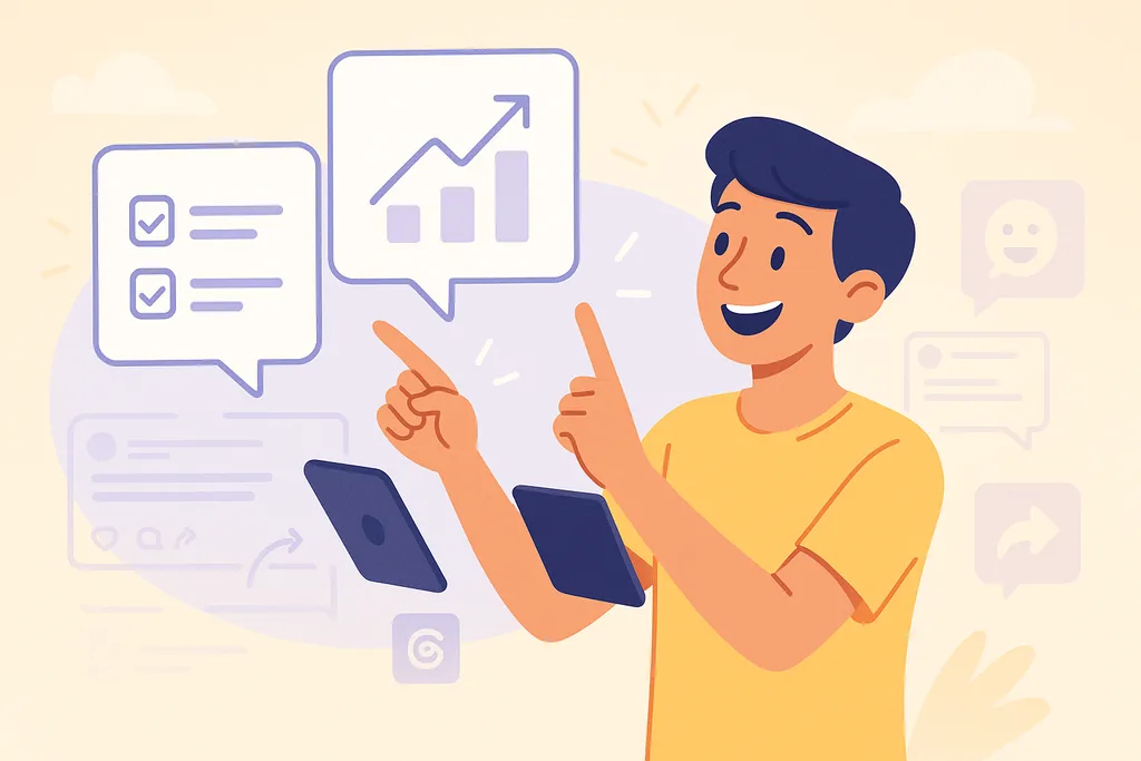 Cartoon user pointing at checklist and growth icons representing bite-sized Threads advice