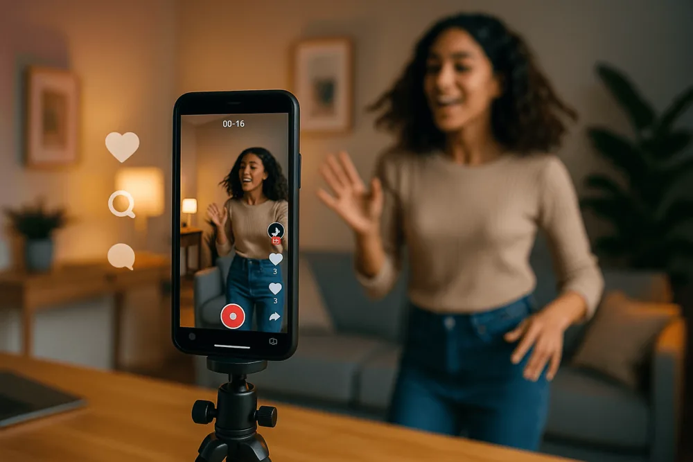 A young woman records a TikTok video using a smartphone mounted on a tripod in a cozy, warmly lit living room. The phone screen shows her dancing mid-motion, with engagement icons visible.