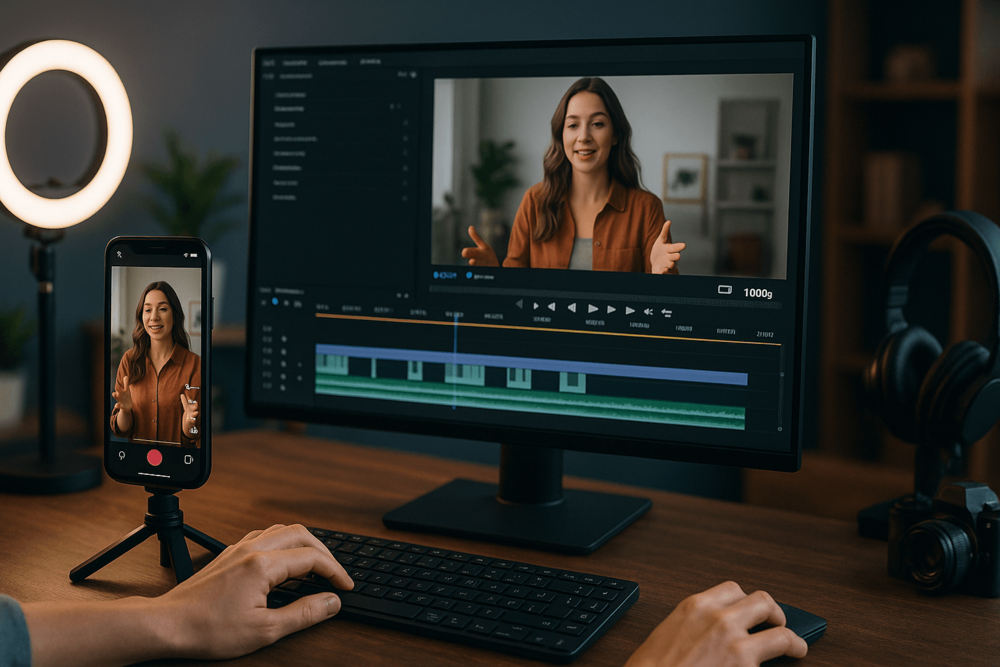A person edits a TikTok video on a desktop computer while a smartphone on a tripod records vertically. The screen shows a woman speaking, with editing software displaying timelines and audio tracks in a modern home studio setup.