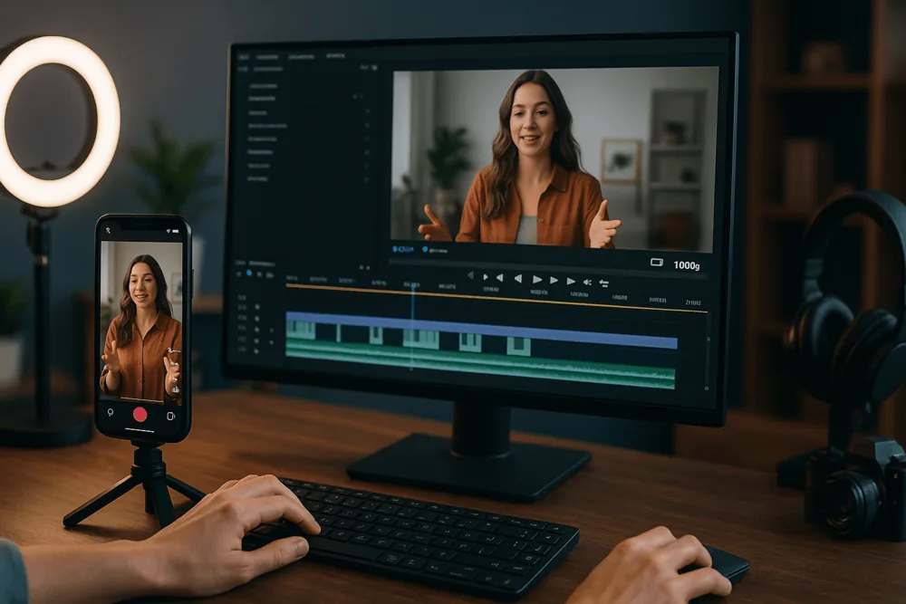 A person edits a TikTok video on a desktop computer while a smartphone on a tripod records vertically. The screen shows a woman speaking, with editing software displaying timelines and audio tracks in a modern home studio setup.