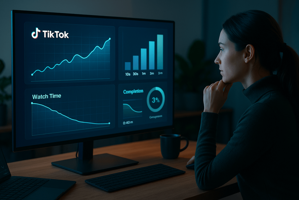 A woman in a dark turtleneck studies TikTok analytics on a desktop monitor in a dimly lit room. The screen displays graphs for watch time, video length performance, completion rates, and engagement trends.