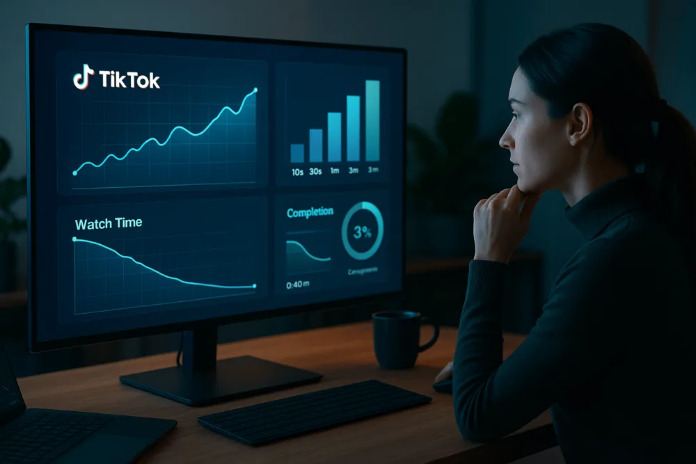  A woman in a dark turtleneck studies TikTok analytics on a desktop monitor in a dimly lit room. The screen displays graphs for watch time, video length performance, completion rates, and engagement trends.