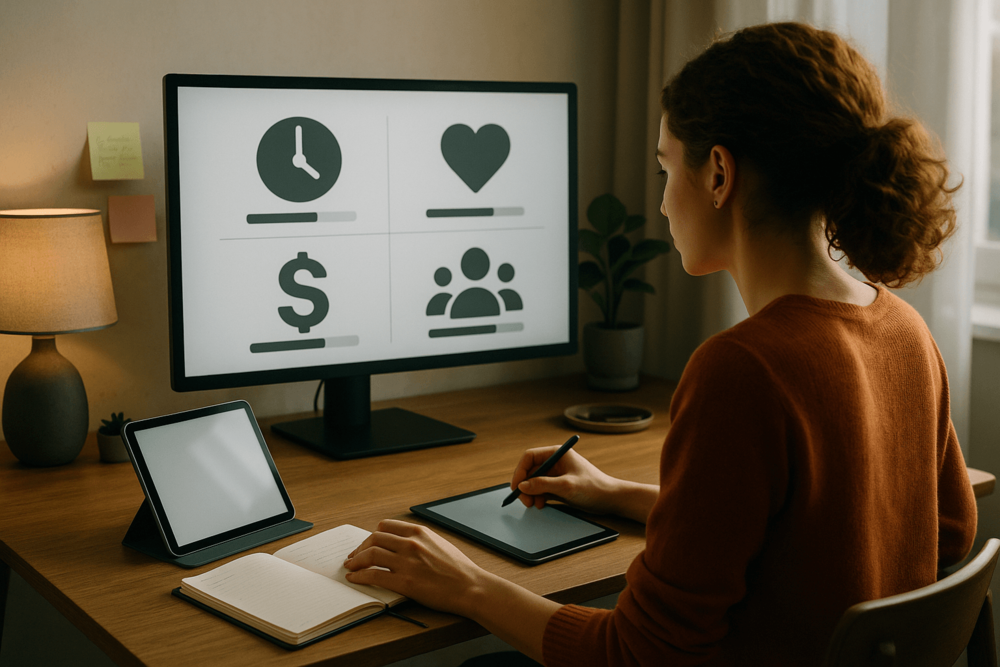A woman sits at a wooden desk using a tablet and stylus while analyzing icons on a large monitor. The screen displays visual symbols for time, engagement, money, and audience growth, representing different content goals.