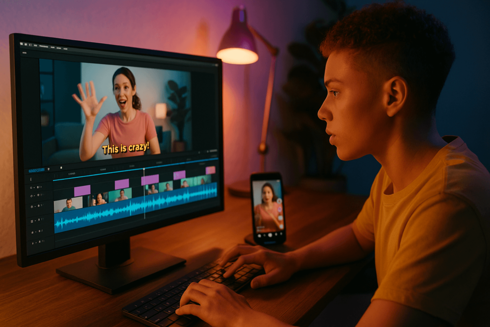 A young content creator edits a TikTok video in a colorful, moody room. The screen shows a woman speaking with bold yellow captions, while the timeline features multiple cuts and audio waveforms. A smartphone nearby plays the same video.