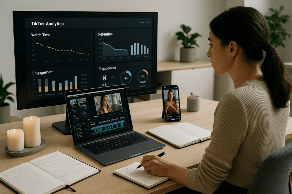 A woman reviews TikTok analytics on a desktop monitor while editing a video on her laptop. The workspace includes a smartphone displaying a TikTok video, open notebooks, and lit candles in a bright, minimalistic office.