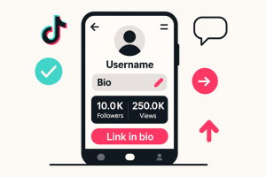 Flat design of a TikTok profile with bio, stats, and a “Link in bio” button, surrounded by icons for engagement and edits.