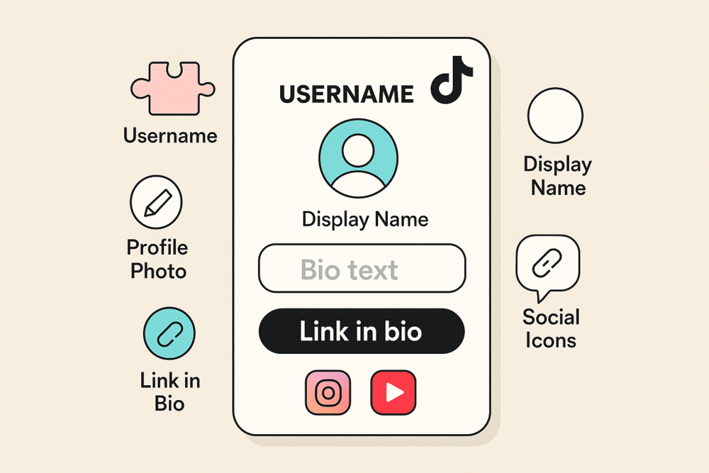 Flat design of a TikTok profile with labeled elements: username, display name, profile photo, bio, link in bio, and social icons.