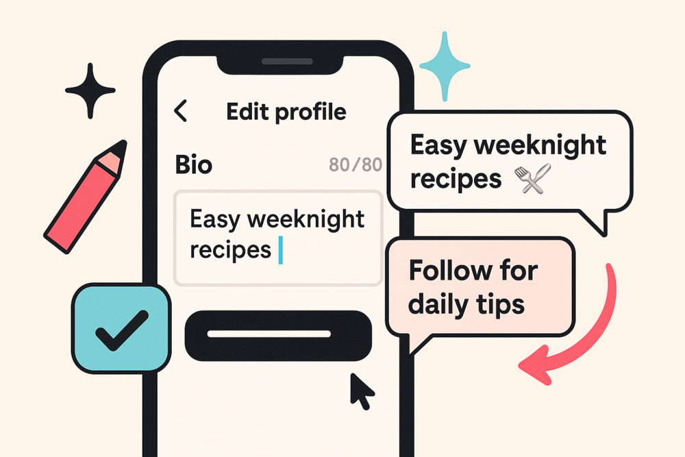 Flat design of a TikTok bio editor with example bios and emojis, highlighting tips for clear and engaging profile writing.
