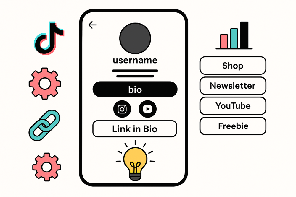Flat design of a TikTok profile with social icons, a “Link in Bio” section, and multiple external link buttons labeled Shop, Newsletter, YouTube, and Freebie.