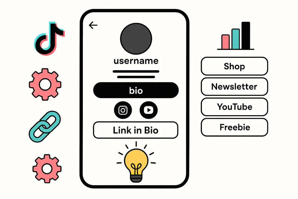  Flat design of a TikTok profile with social icons, a “Link in Bio” section, and multiple external link buttons labeled Shop, Newsletter, YouTube, and Freebie.