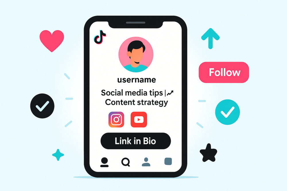 Flat design of a TikTok profile with a clear bio, social icons, and a “Link in Bio” button, surrounded by icons like a heart, checkmark, and follow button.
