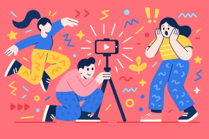 Creators filming a fun TikTok video with a tripod, energetic reactions, and dynamic poses