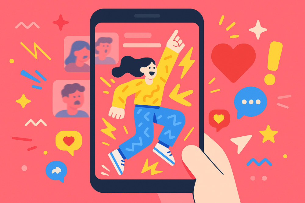 Person going viral on TikTok inside a phone screen with likes, comments, and reactions surrounding the video