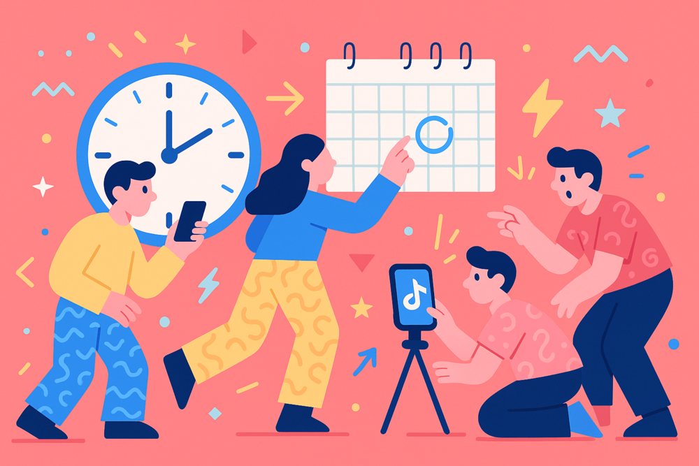 Creators planning TikTok content with a clock, calendar, and phone setup for optimized posting times
