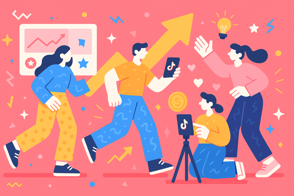 TikTok creators brainstorming content and celebrating growth with trending videos, analytics, and monetization symbols