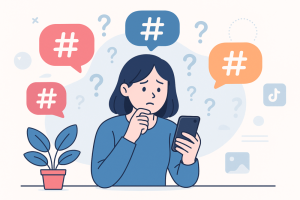 A young woman looks uncertain while choosing hashtags for a TikTok video on her phone.