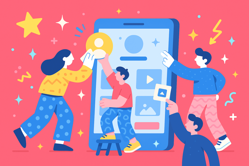 A colorful illustration of people cleaning and organizing a social media profile on a giant smartphone screen.